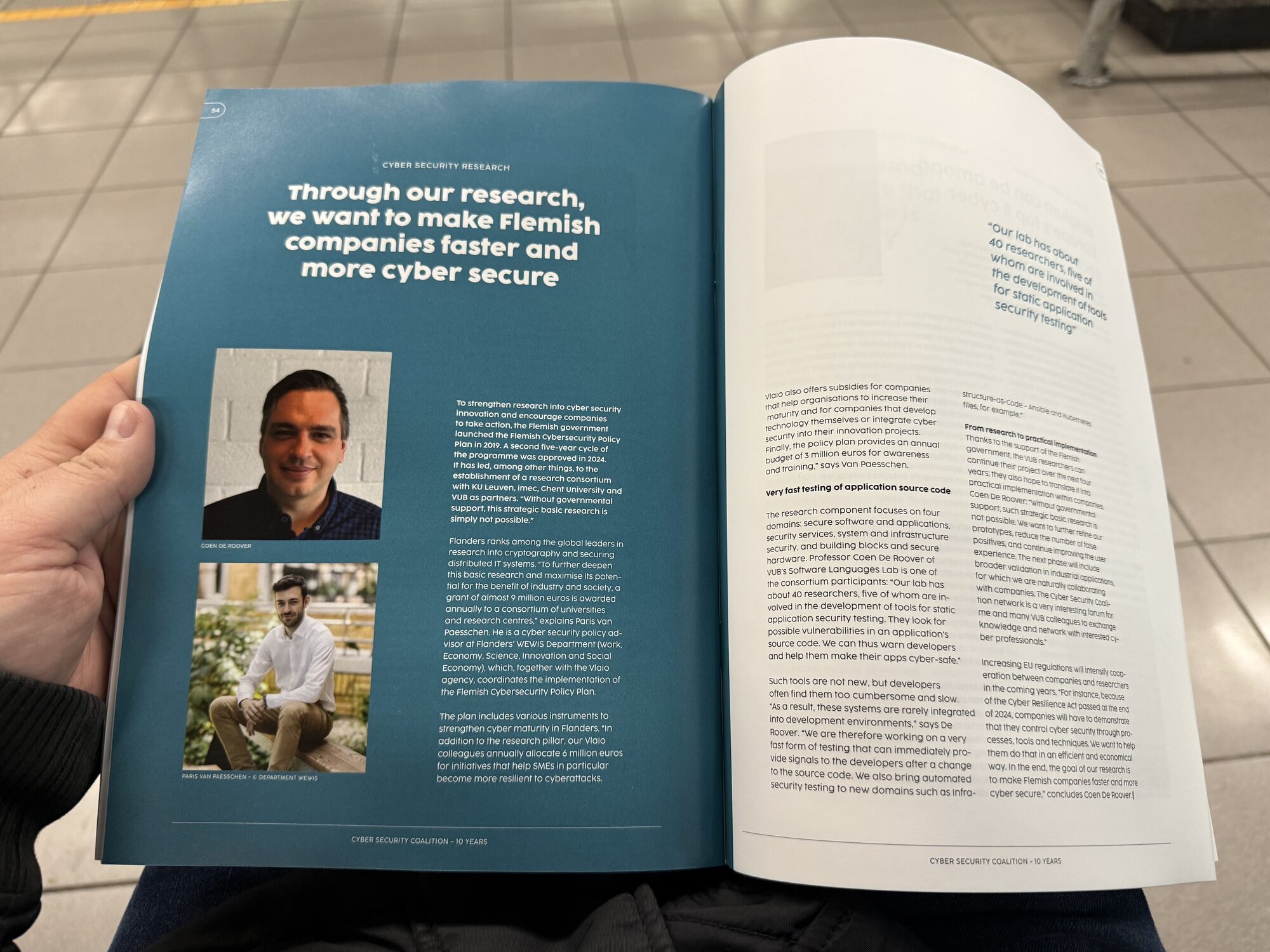 A magazine article on SOFT's cybersecurity research, titled "Through our research, we want to make Flemish companies faster and more cyber secure"