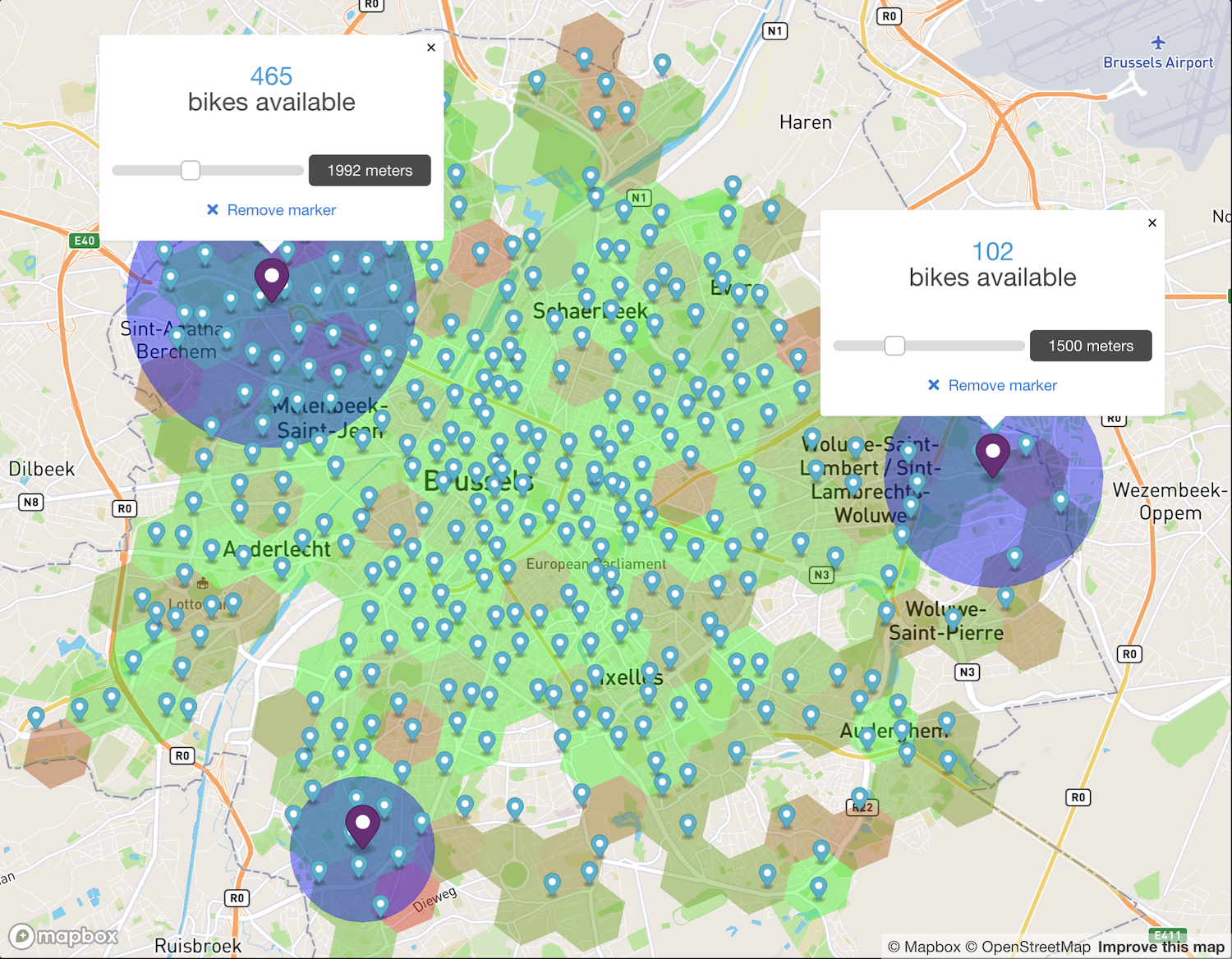 Map of Brussels with hexagon overlay depicting the availability of Villo bikes.